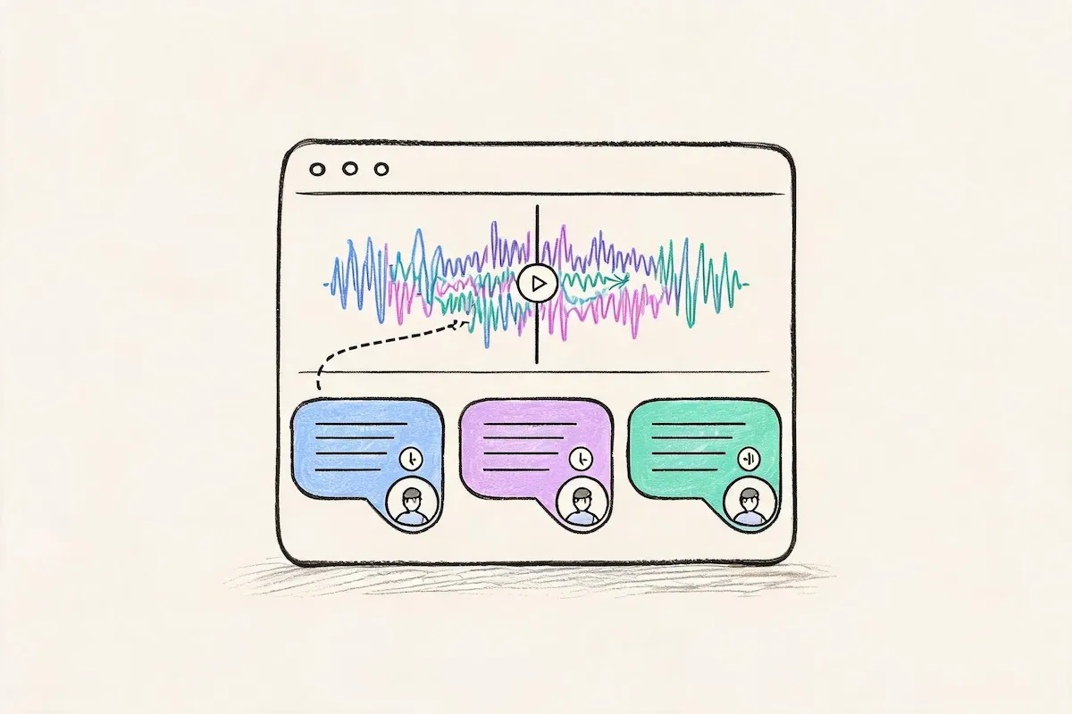 Audio transcript with timestamps and speaker labels beside the audio player