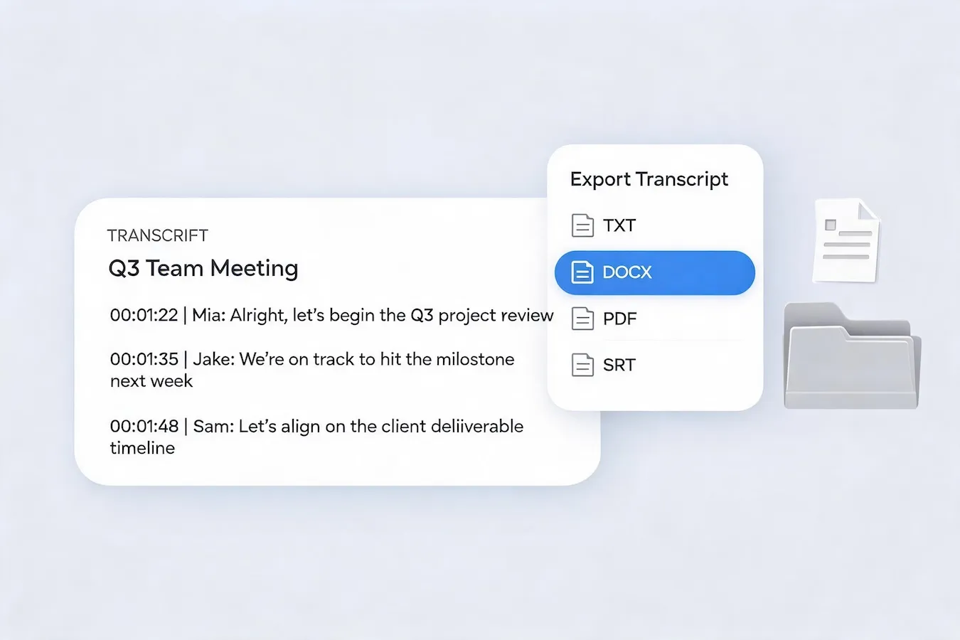 Exporting a video transcript as TXT, DOCX, PDF, or SRT